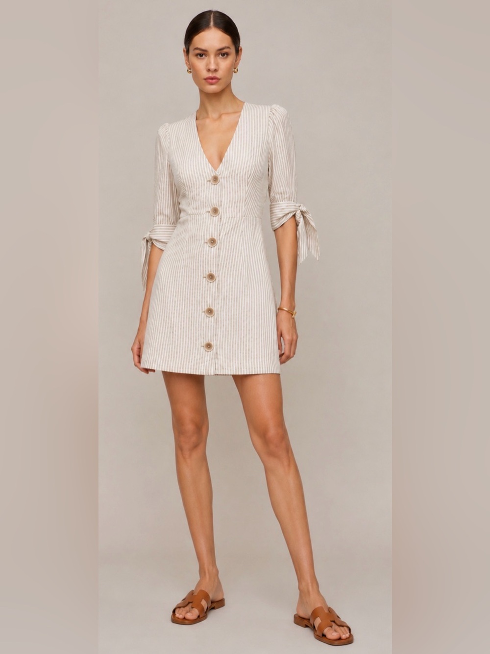 Shona Joy 100% Linen Beige Cream Striped Mini Dress Button Front Size 4